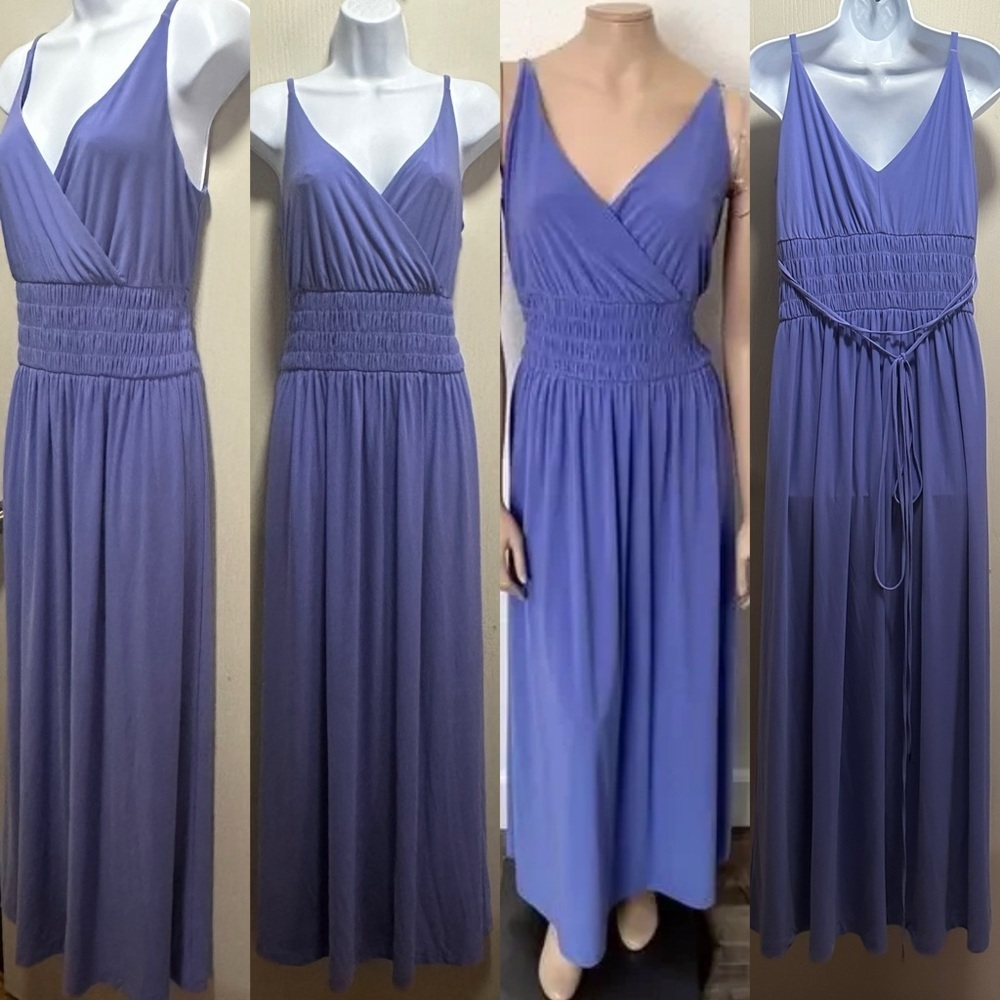 ✨💜White House Black Market WHBM Purple PeriwinkleV-Neck Ruched Maxi Dress Size M - Picture 4 of 16